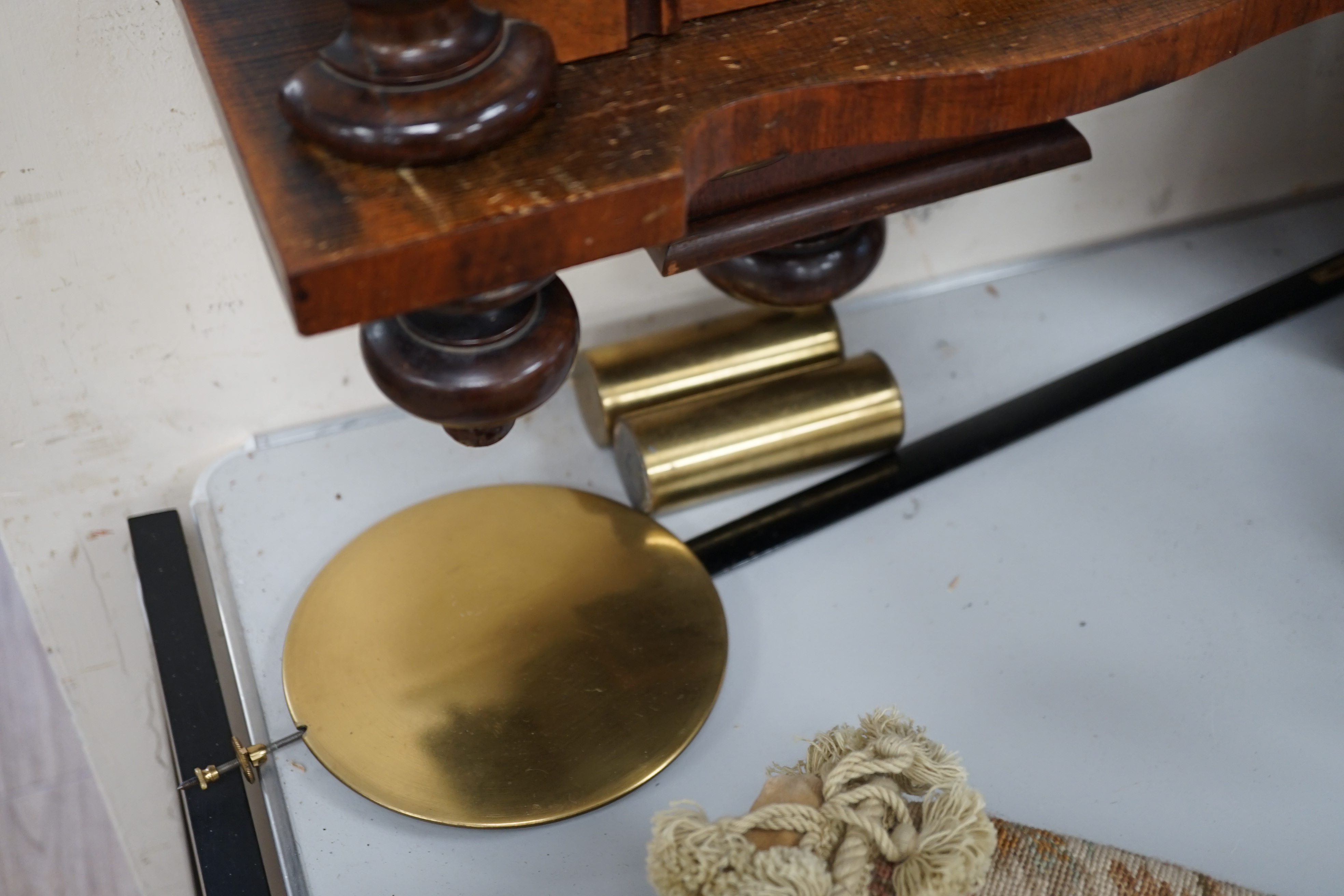 A mahogany Vienna regulator wall clock, approximately 120cm high. Condition - unknown if in working condition, dial good, case has minor scratches